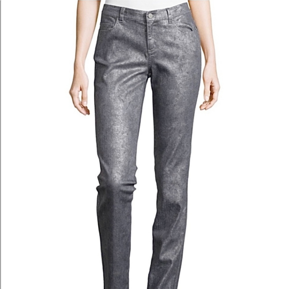 LAFAYETTE 148 Metallic Silver Print High Rise Straight Leg Jeans